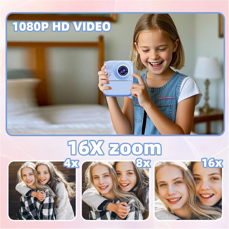 QDH Instant Print Camera for Kids, 1080P Video Camera with 3 Print Rolls, 32GB Card & Cute Cover, Gift for Girls Boys Age 3-12, Toddler Digital Camera with Games, Filters, Music – Blue - Image 5
